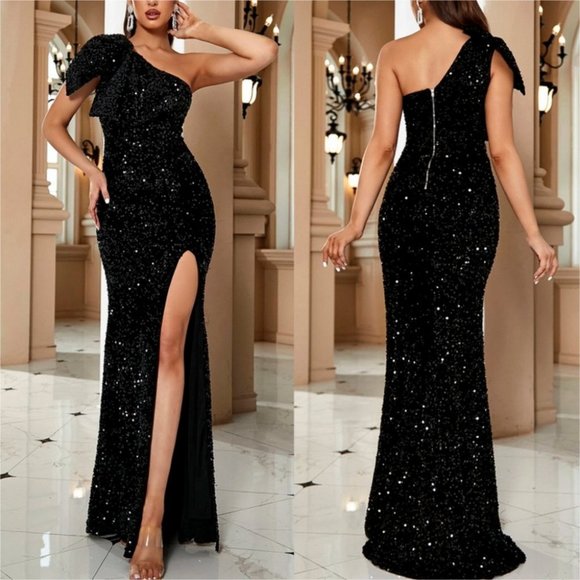 Sequin Ruffle Trim One Shoulder Thigh slit Formal Maxi Dress Black - Picture 2 of 9